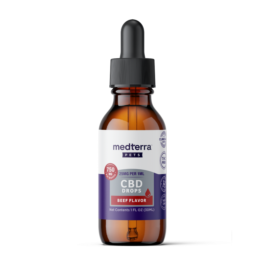 A brown dropper bottle labeled "Medterra Daily Relief Pet CBD Tincture," containing 750mg of CBD in a 30ml bottle with a black cap. The label shows pet icons and product info, formulated to support joint health in pets.