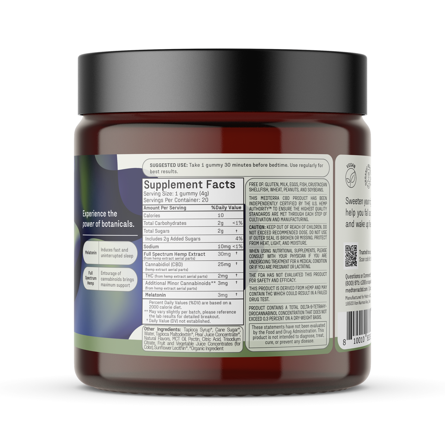 A jar of Medterra CBD's Free Deep Sleep Gummies, featuring a dark brown color with a black lid, is shown. The label includes text and graphics such as a suggested use guide, supplement facts panel, barcode, plant imagery, and the phrases "Experience the power of botanicals," "Vegan, No Artificial Flavors," and "Full Spectrum Hemp Extract.