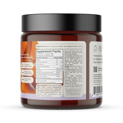 A brown Medterra Focus CBD Gummies container with a black lid displays a Supplement Facts label, ingredient list, serving size, cognitive support info, suggested use details, and a barcode.