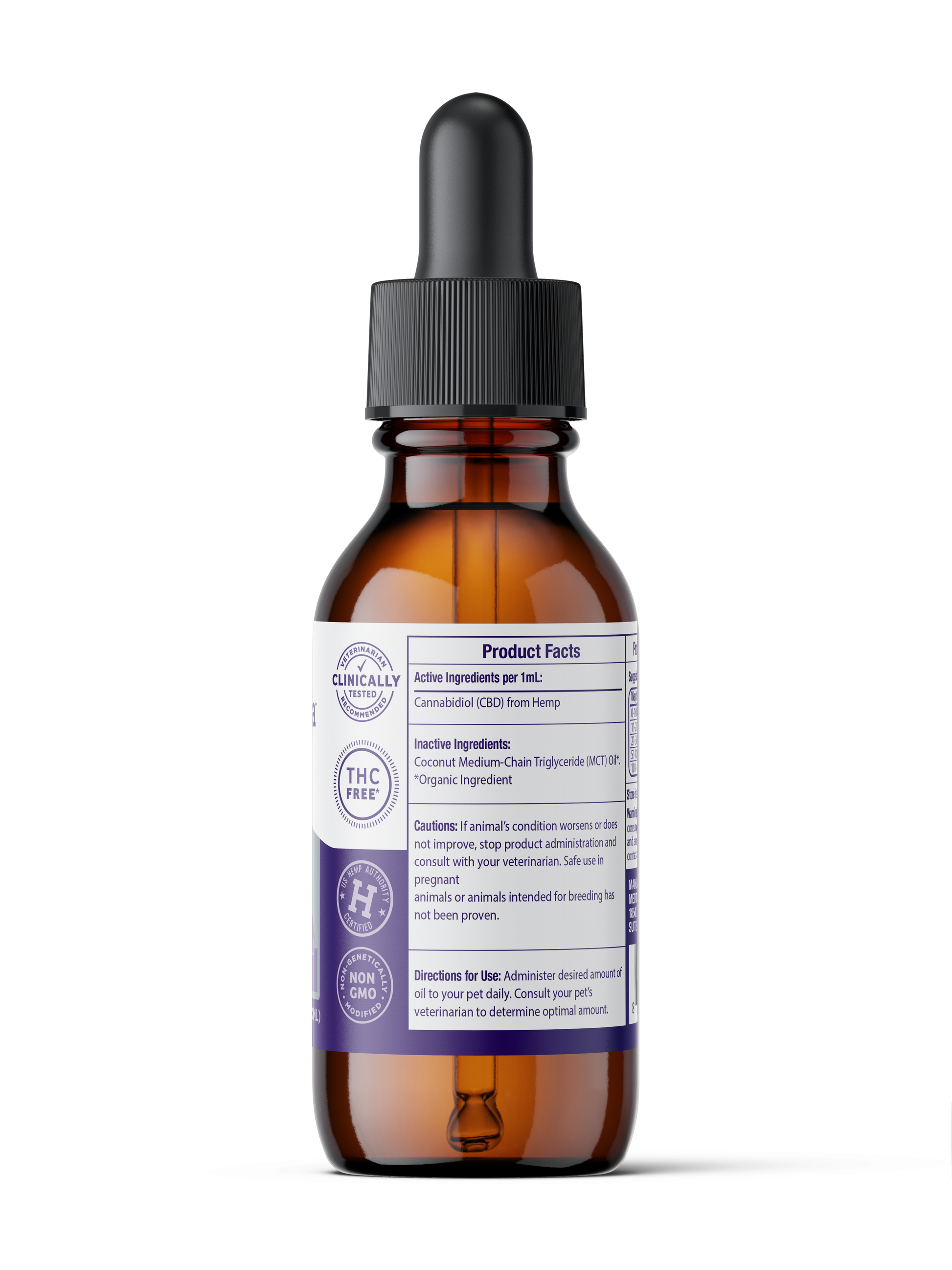 Medterra’s Daily Relief Pet CBD Tincture comes in an amber dropper bottle with a white and purple label showing ingredients and directions. This THC-free, non-GMO formula supports pet joint health and includes a convenient dropper cap.