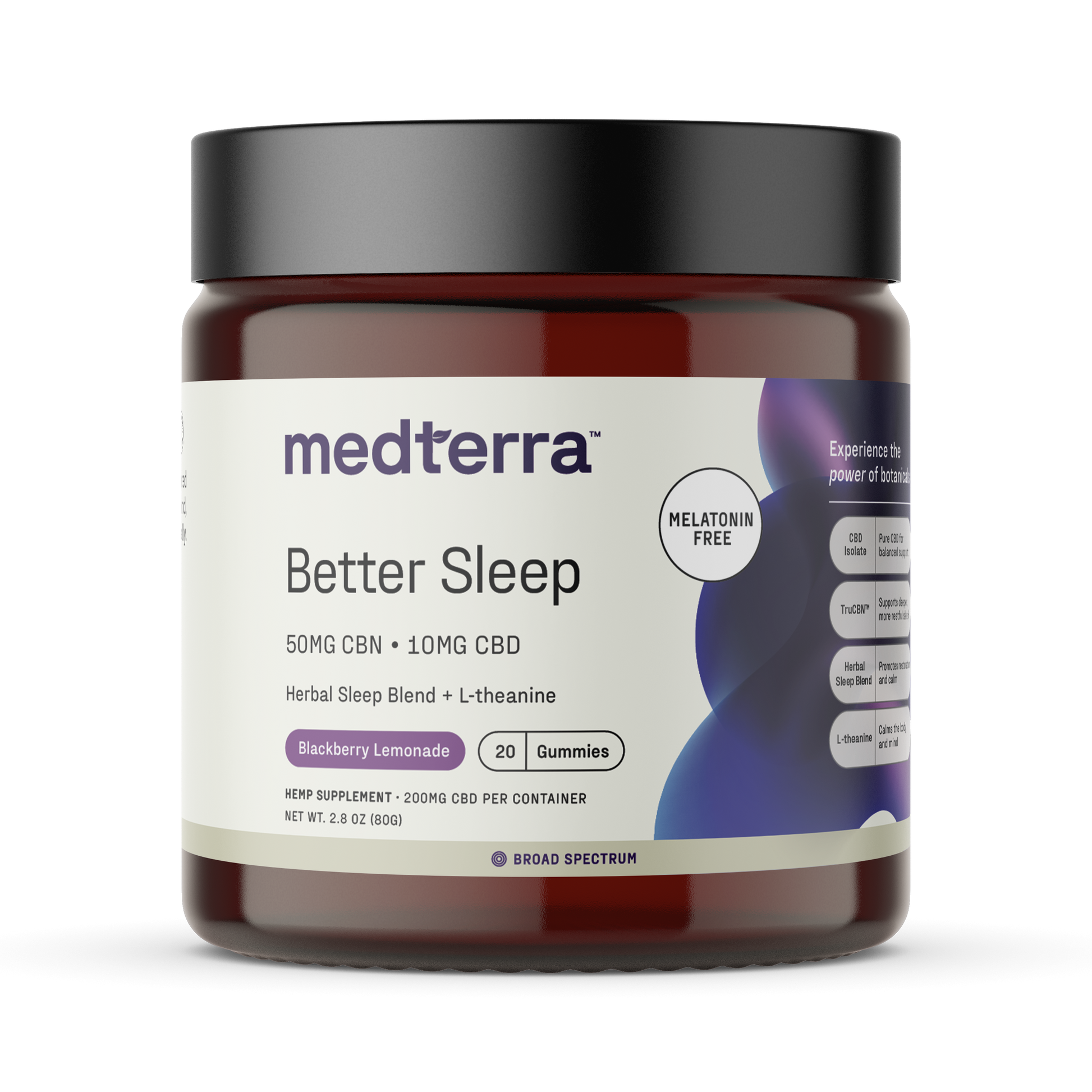 A jar of Medterra Better Sleep TruCBN® Gummies, featuring 50mg CBN and 10mg CBD per gummy in Blackberry Lemonade flavor. This melatonin-free sleep aid includes 20 broad spectrum CBD gummies with a black lid and purple accents.