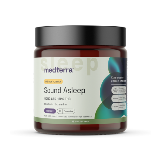 A jar of Medterra's Sound Asleep Gummies [Free], featuring 50mg CBD and 5mg THC per serving with melatonin and L-theanine for sleep support. The label shows "Highest potency" and indicates the Blackberry flavor with a total of 30 gummies per jar, making them a top choice among sleep aids.