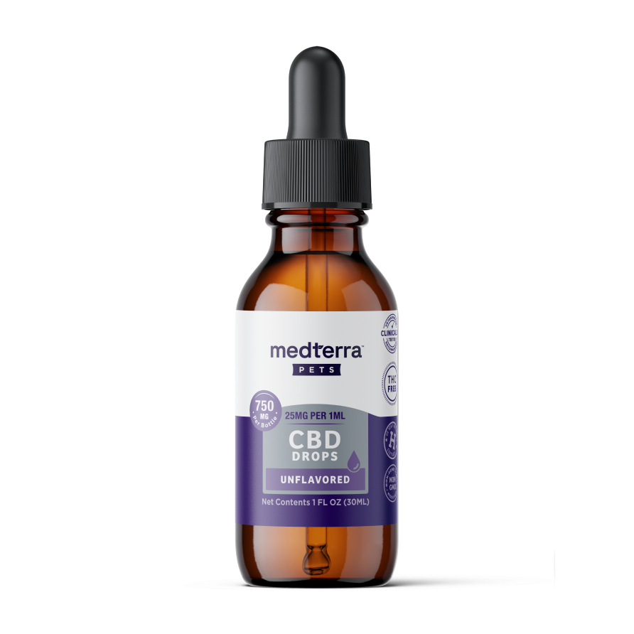 A brown glass dropper bottle labeled "Medterra Daily Relief Pet CBD Tincture" (750mg, 1 fl oz/30ml) with a black dropper cap, designed to support your pet’s joint health and overall well-being.