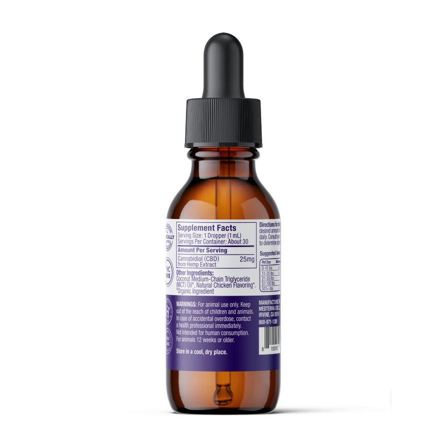 The Medterra Daily Relief Pet CBD Tincture comes in an amber glass dropper bottle with a black cap and a white-purple label showing supplement facts, ingredients, and usage instructions to support joint health in pets.
