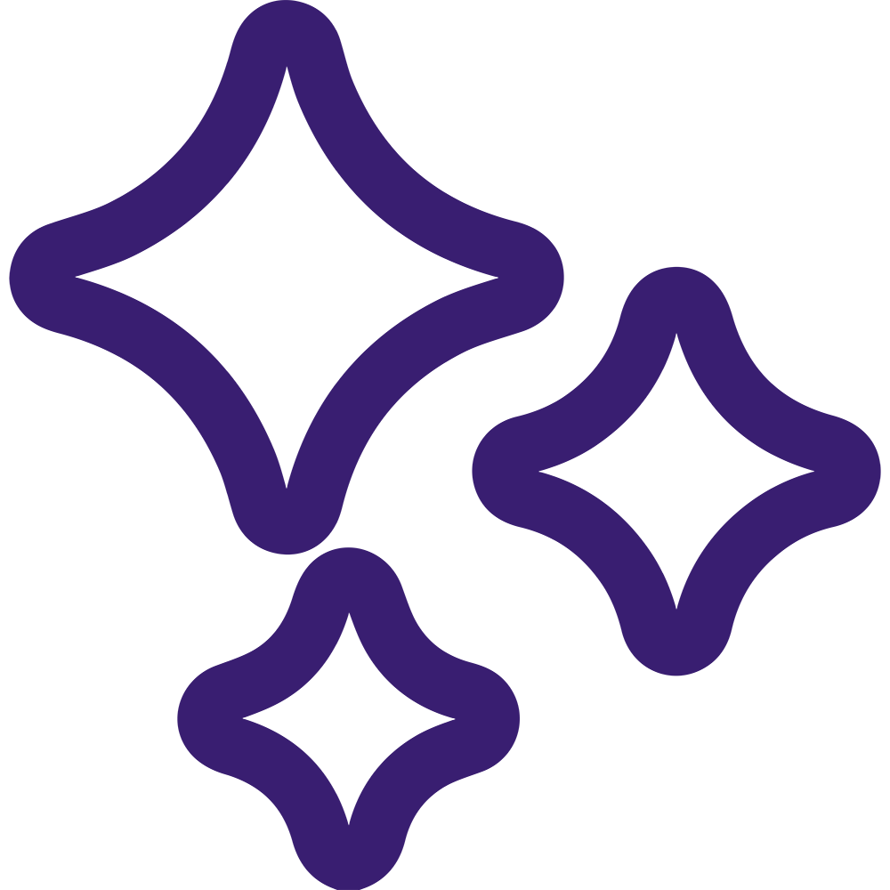 A minimalist illustration features three purple, stylized, four-pointed star shapes of varying sizes scattered across a white background. The shapes have rounded edges, giving a soft and whimsical appearance.