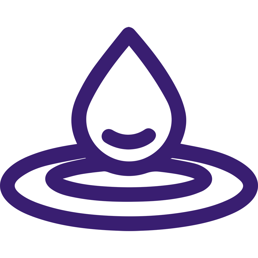 A minimalist purple icon depicting a droplet of water falling into a small circular ripple on a surface. The simplistic design uses smooth lines and maintains a clean and modern look.