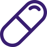 A simple illustration of a capsule pill, outlined in purple. The capsule is divided into two sections, with one half slightly darker than the other. The outline is thick and uniform throughout.