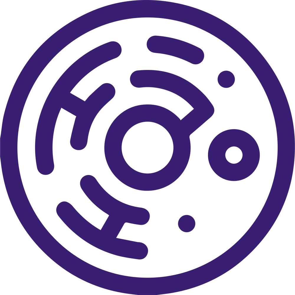 A circular purple icon resembling a futuristic or abstract design. The icon contains a central dot encircled by curvy lines and two smaller dots, suggesting an artistic representation possibly related to technology or science fiction.