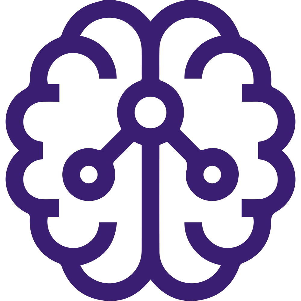 A purple icon showing a stylized brain with three interconnected nodes in the center, representing a network or connectivity within the brain. The icon uses smooth, curved lines to depict the brain's structure.