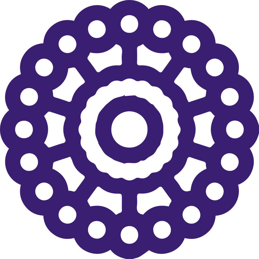 A stylized, symmetrical, purple mandala with multiple circular layers and a scalloped outer edge. Each layer contains various circular patterns, and the center features a solid ring. The design has a lace-like, intricate appearance.