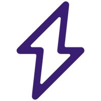 A simple, stylized purple lightning bolt icon is displayed against a white background. The bolt has a distinct, continuous, single-line outline with sharp angles, giving it a modern and minimalist look.
