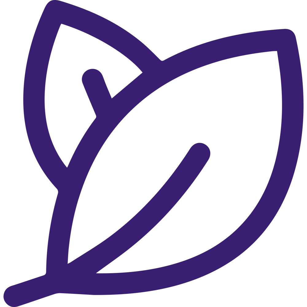 A simple, purple outline of two overlapping leaves. The design has a minimalistic and modern style, typically used to represent nature, organic products, or eco-friendly concepts. The leaves have smooth, curved lines and no additional details.