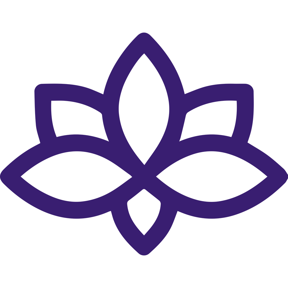 A simple purple lotus flower icon with six petals, symmetrically arranged. The minimalist design uses bold, clean lines to outline the petals. The icon is set against a transparent background.