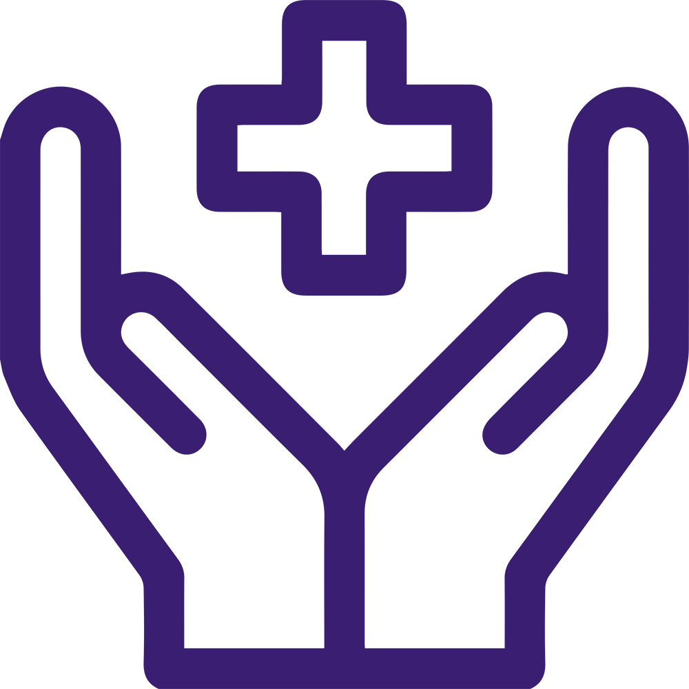 A purple icon showing two hands facing upwards with a cross symbol above them, signifying healthcare or medical help.