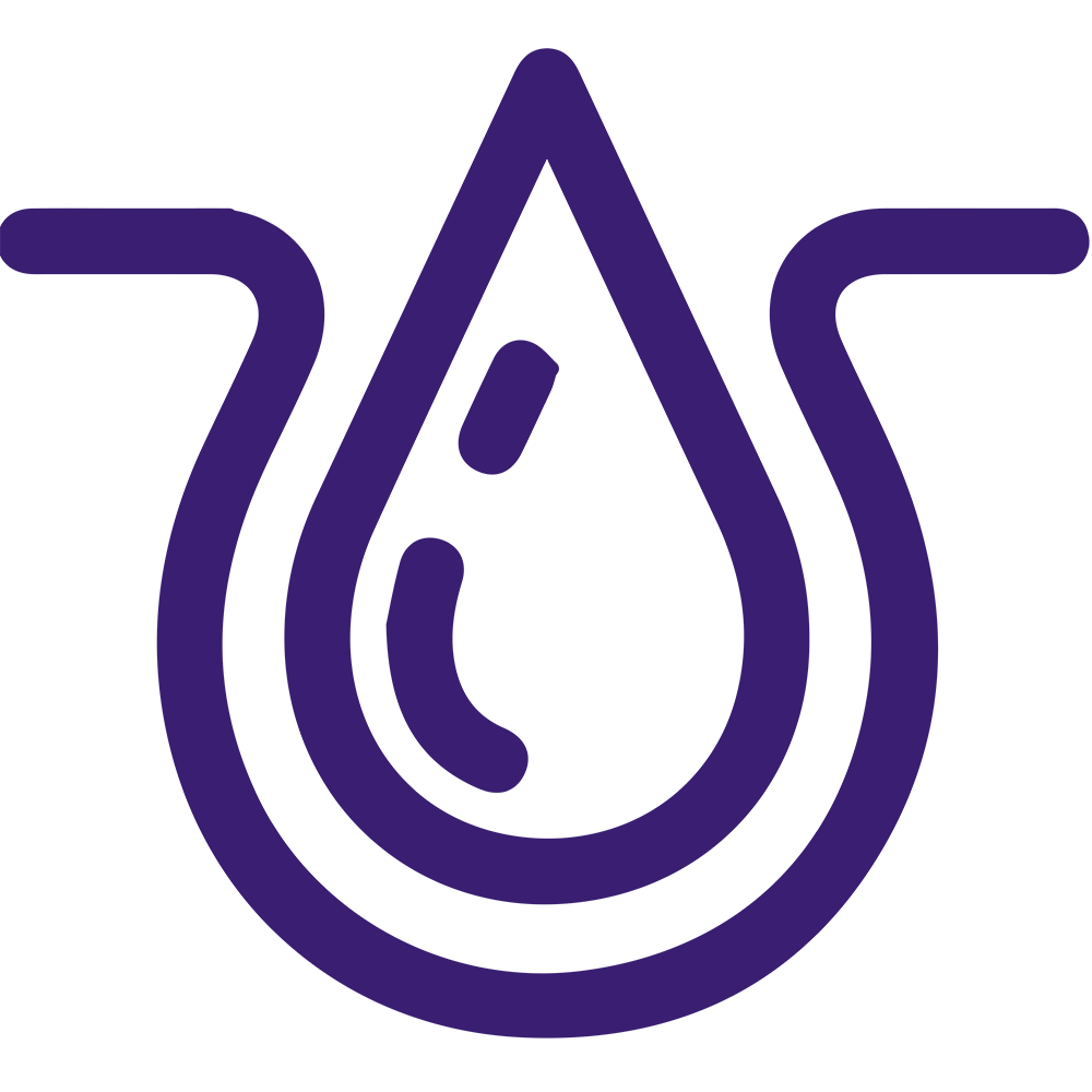 A purple line drawing features a central drop shape with a contour resembling water droplets inside. The drop is embraced by a curved structure, outlining a vessel or a stylized heart. The overall shape resembles a seed or a germinated plant.