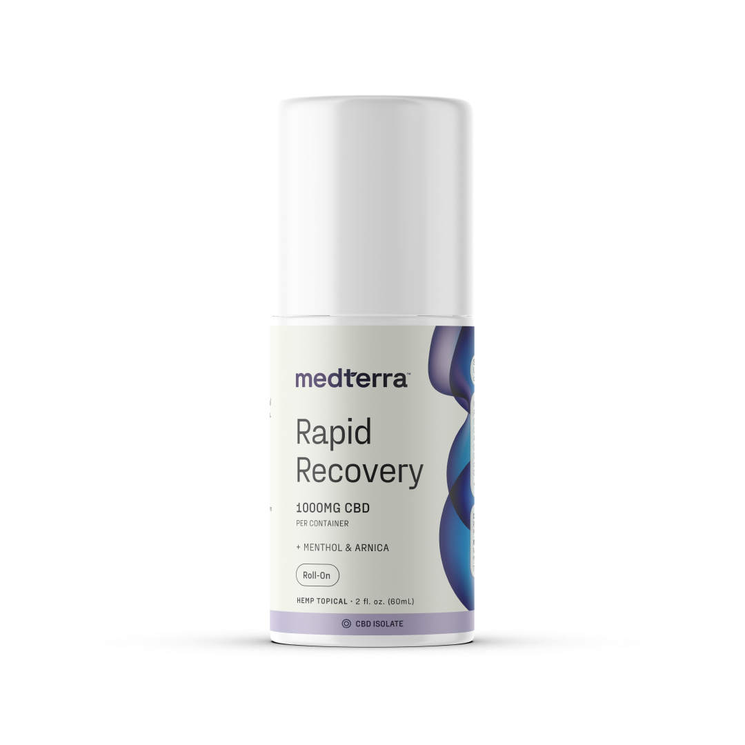 A Medterra Rapid Recovery CBD Roll On comes in a cylindrical white bottle containing 1000mg of CBD, menthol, and arnica for joint and muscle support. The 2 fl oz (60ml) bottle is designed for topical use with a roll-on applicator that provides a rapid cooling effect.
