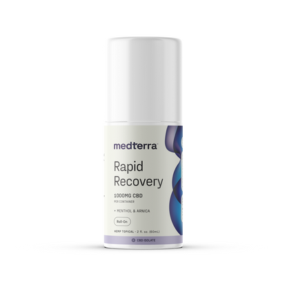 A Medterra Rapid Recovery CBD Roll On comes in a cylindrical white bottle containing 1000mg of CBD, menthol, and arnica for joint and muscle support. The 2 fl oz (60ml) bottle is designed for topical use with a roll-on applicator that provides a rapid cooling effect.