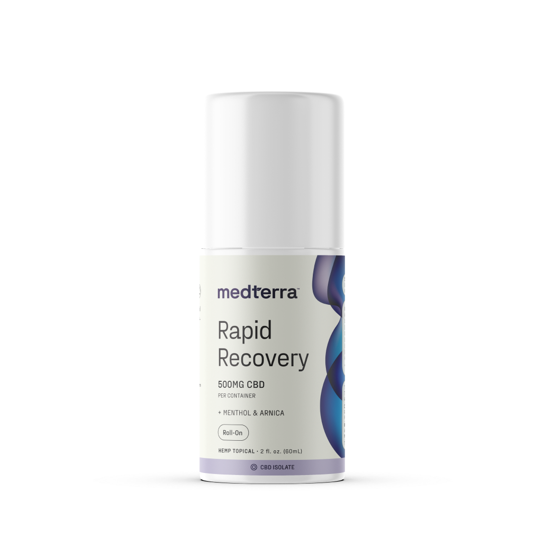 A white cylindrical bottle of Medterra Rapid Recovery CBD Roll On is displayed. The label indicates "500mg CBD" and contains menthol and arnica for fast-acting, rapid cooling effect relief. Perfect for joint and muscle support, the bottle holds 2 fl. oz. (60ml) of product.