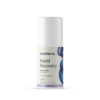 A white cylindrical bottle of Medterra Rapid Recovery CBD Roll On is displayed. The label indicates "500mg CBD" and contains menthol and arnica for fast-acting, rapid cooling effect relief. Perfect for joint and muscle support, the bottle holds 2 fl. oz. (60ml) of product.