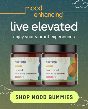 Two jars of Medterra gummies are displayed with the labels "Unwind" and "Mood Boost." The teal background features text reading "mood enhancing live elevated, enjoy your vibrant experiences." Cloud illustrations and a button that says "Shop Mood Gummies" complete the scene, promoting daily wellness.