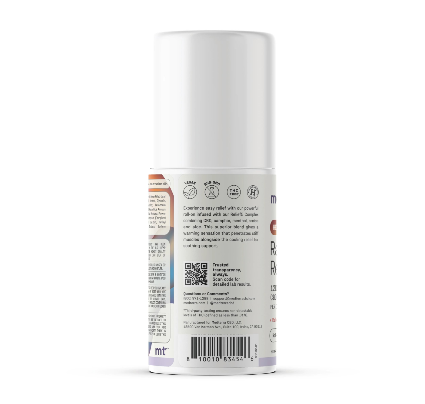 A white cylindrical bottle of Medterra Heating-Cooling Rapid Recovery Roll On is shown from the back, displaying a label with text, icons, a QR code, barcode, usage instructions, and product info for rapid recovery and pain relief.