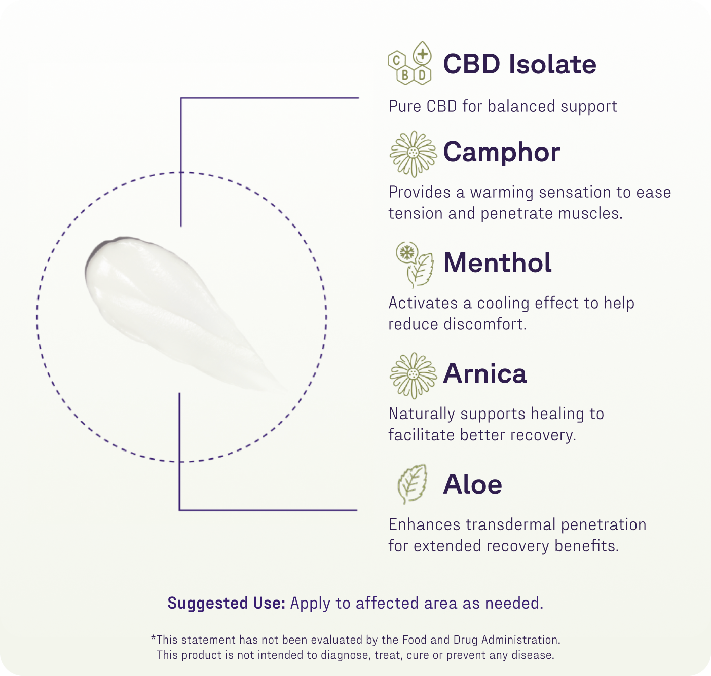 A diagram highlights the pain-relieving ingredients of Medterra’s Heating-Cooling Rapid Recovery Roll On: CBD isolate, camphor, menthol, arnica, and aloe. A cream smear is shown left. Apply to affected area for fast recovery as needed.