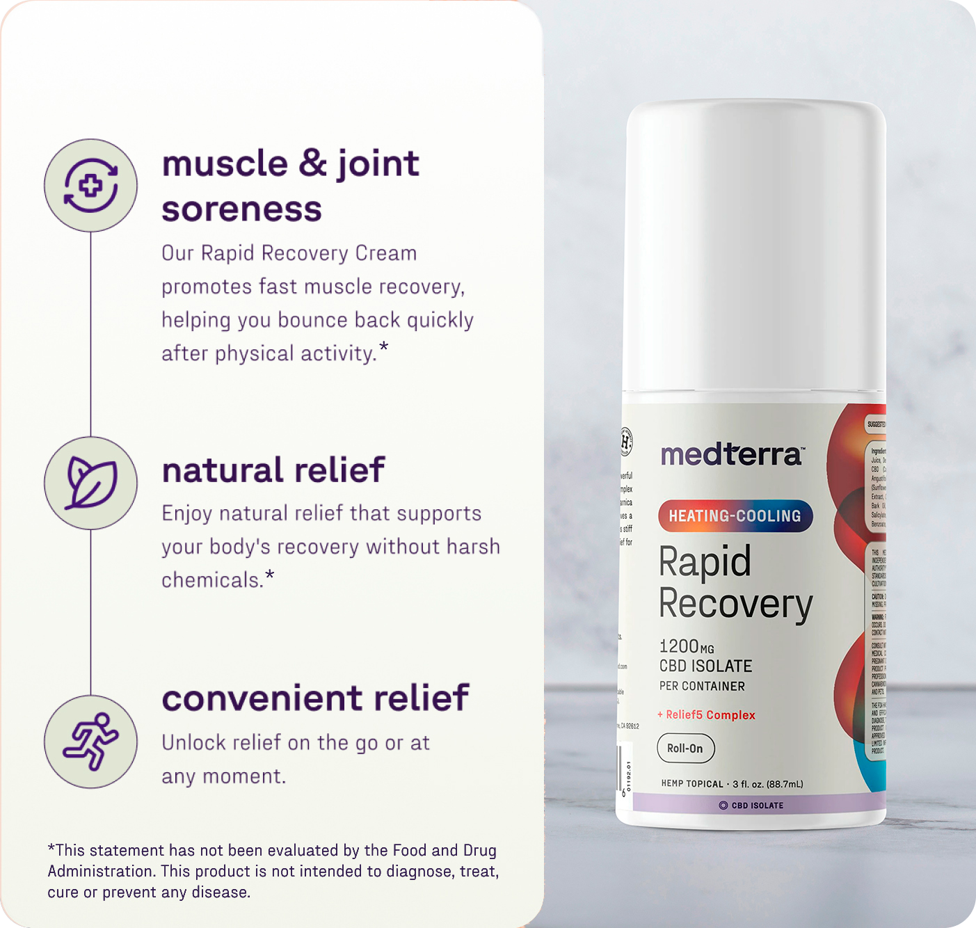 The Medterra Heating-Cooling Rapid Recovery Roll On is displayed beside text noting its fast muscle and joint relief, natural CBD support, and effective transdermal delivery. FDA evaluation disclaimer appears at the bottom.