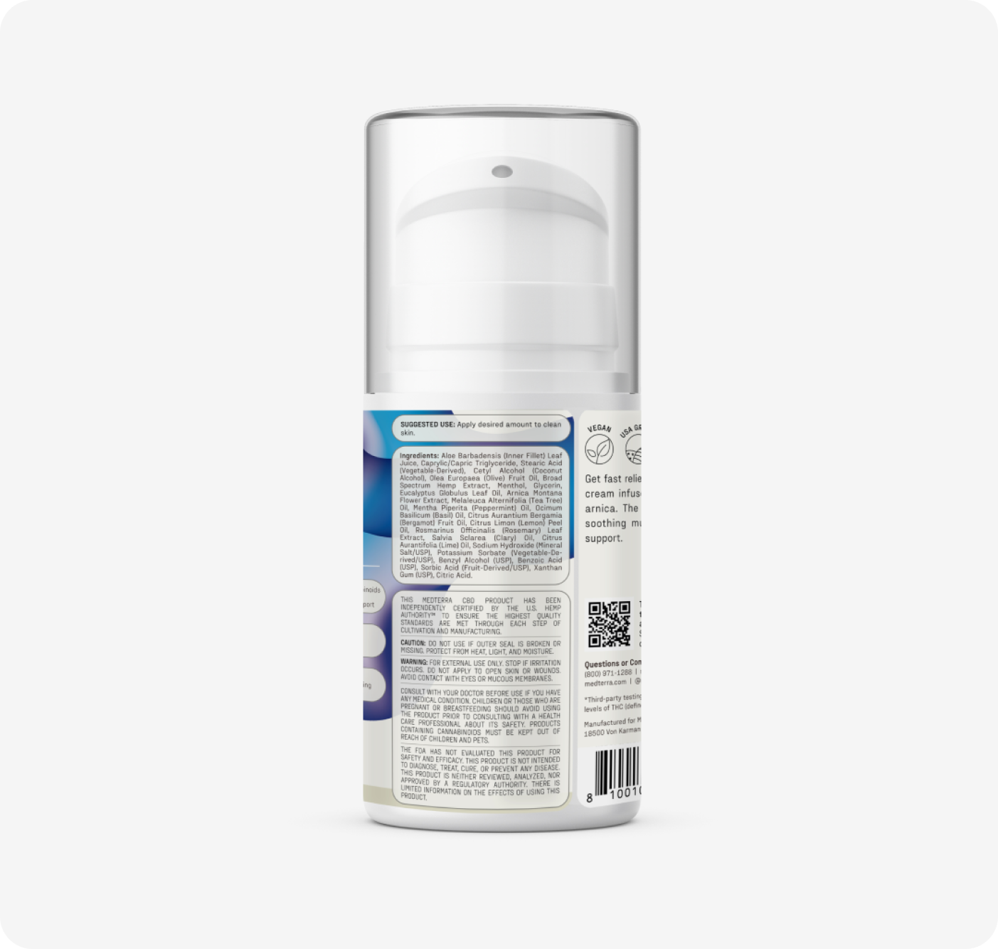 A white Medterra Rapid Recovery Cooling 2000mg CBD Cream bottle with a pump and clear cap displays product info, directions, ingredients, icons, and QR code on its label, offering muscle relief and joint discomfort support.