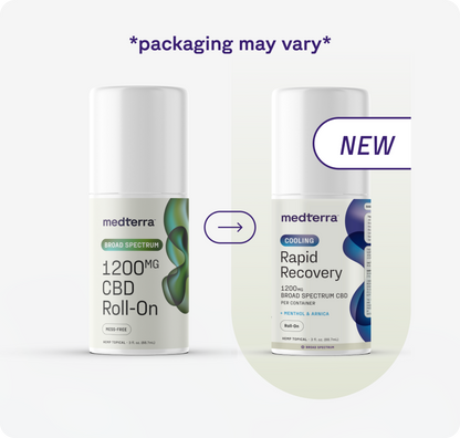 Two Medterra roll-ons are shown side by side: the left is labeled "Rapid Recovery Cooling 1200mg CBD Roll On" for sore muscles, the right is "Rapid Recovery" for fast relief, with an arrow between them and "*packaging may vary*" above.