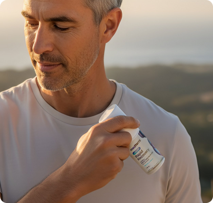 A man in a light beige shirt holds a bottle of Medterra Rapid Recovery Cooling 1200mg CBD Roll On near his shoulder, suggesting fast muscle relief, while standing outdoors with blurred natural scenery in the background.