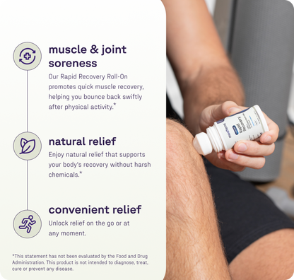 Someone uses the Medterra Rapid Recovery Cooling 1200mg CBD Roll On on their knee. Text highlights fast relief for sore muscles and joints, natural formula with no harsh chemicals, and easy on-the-go use.