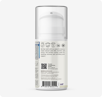 A white pump bottle of Medterra Rapid Recovery Cooling 2000mg CBD Cream features menthol and arnica for muscle and joint relief, soothing benefits, certification icons, and a QR code on the label.