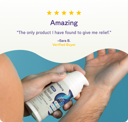 A person applies Medterra's Rapid Recovery Cooling 2000mg CBD Cream to their wrist. Above, a 5-star rating and text reads: “Amazing. The only product I have found to give me relief.” –Sara B., Verified Buyer, praising its joint discomfort relief.