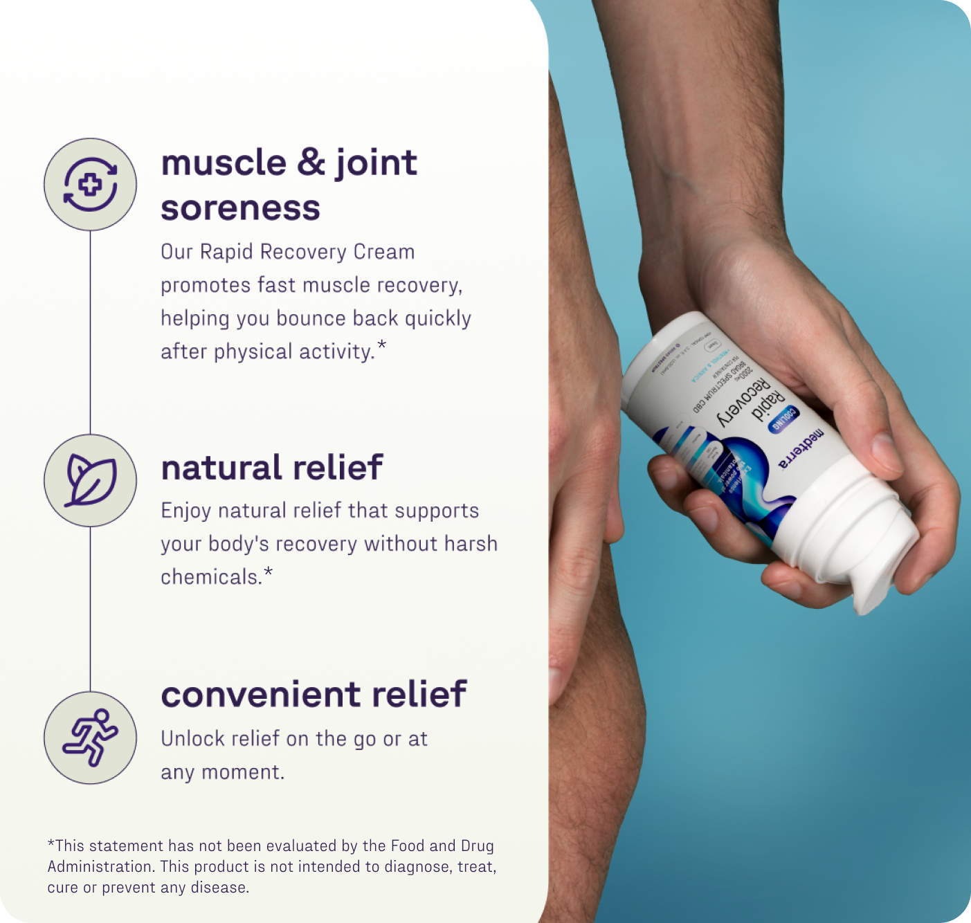 A person uses Medterra's Rapid Recovery Cooling 2000mg CBD Cream on their knee for muscle and joint soreness relief, natural comfort without harsh chemicals, and fast, portable relief. *FDA Disclaimer: Product not evaluated by the FDA.*.