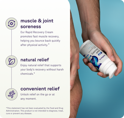 A person uses Medterra's Rapid Recovery Cooling 2000mg CBD Cream on their knee for muscle and joint soreness relief, natural comfort without harsh chemicals, and fast, portable relief. *FDA Disclaimer: Product not evaluated by the FDA.*.