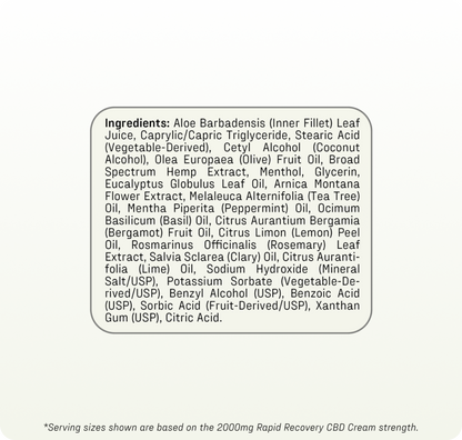 Medterra’s Rapid Recovery Cooling 2000mg CBD Cream features a white label listing aloe barbadensis inner leaf juice, vegetable oils, glyceryl stearate, menthol, and essential oils—ideal for muscle relief and easing joint discomfort.