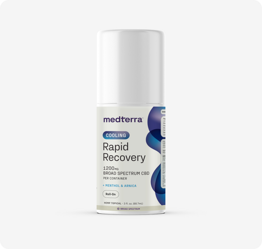 A white bottle of Medterra Rapid Recovery Cooling 1200mg CBD Roll On provides fast relief for sore muscles with broad spectrum CBD, menthol, and arnica. The blue and white label clearly shows product information on a plain white background.