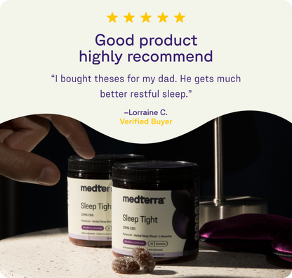 A hand reaches for a jar from the Medterra Sleep Discovery Kit on a bedside table. Another jar, lamp, eye mask, and gummies are nearby. Above is a five-star review praising this THC-free solution for restful nights.