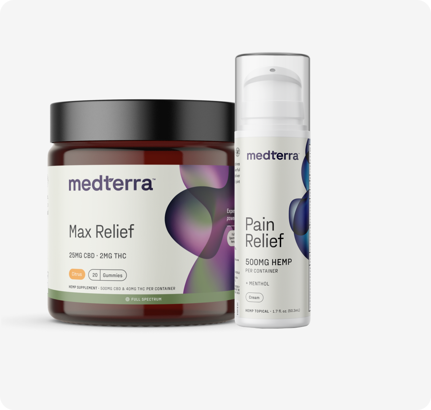 Medterra Relief Bundle featuring Max Relief Gummies and Pain Relief Cream with 25mg CBD, 2mg THC, and 500mg hemp.
