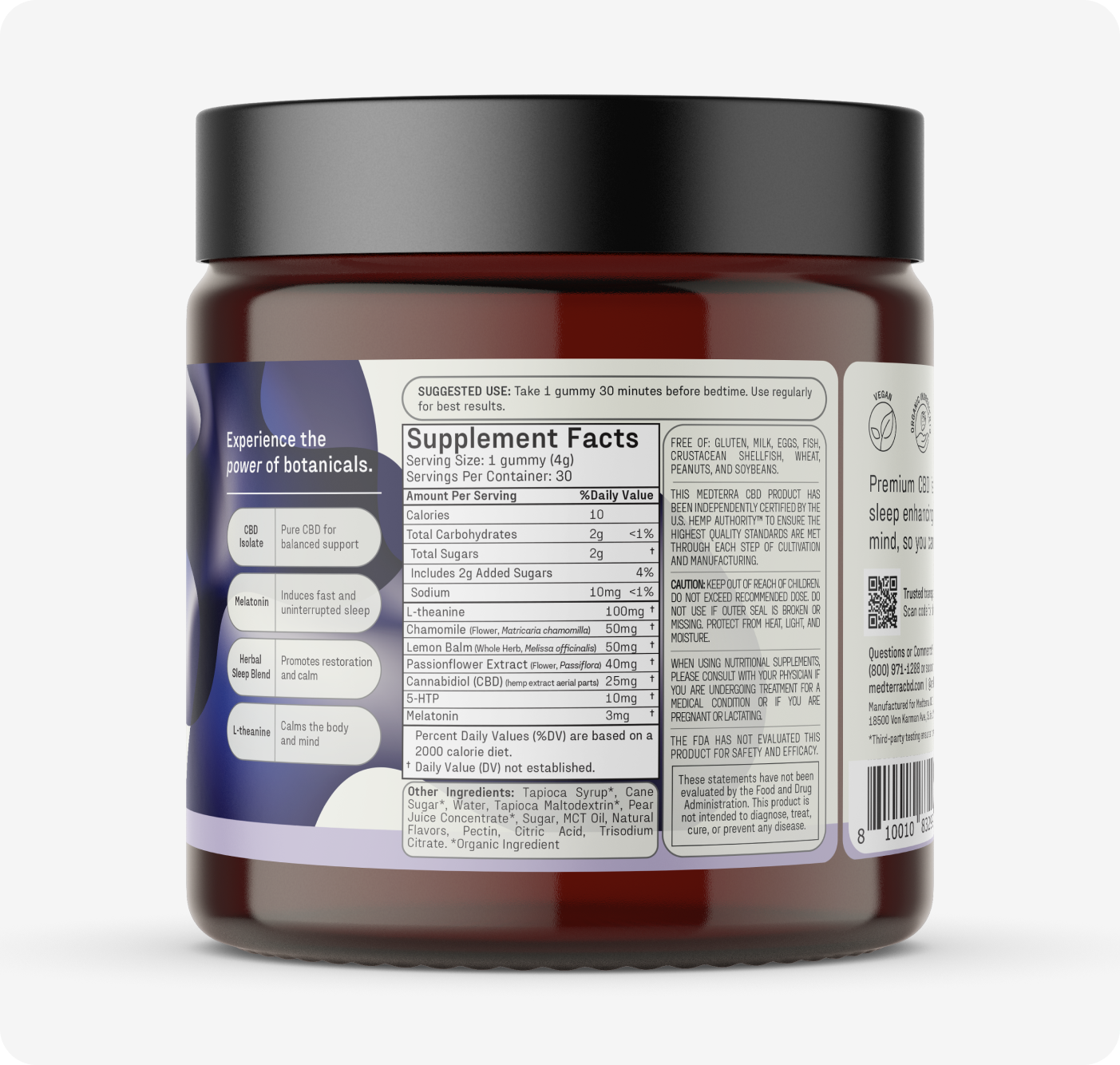 A jar of Medterra's Multi-Spectrum CBD Sleep Bundle gummies features a purple and white label with usage instructions and supplement facts, detailing sugar content and serving size, while highlighting botanical ingredients.