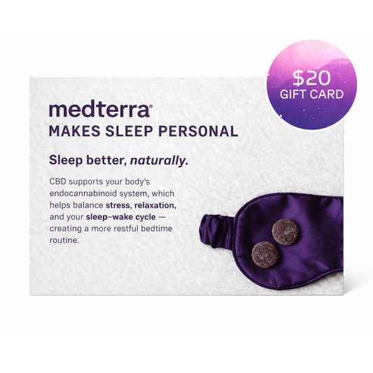 A Medterra Sleep Kit Guide + $20 Gift ad showcases CBD for better sleep, plus a purple sleep mask and two round supplements on a white textured surface.