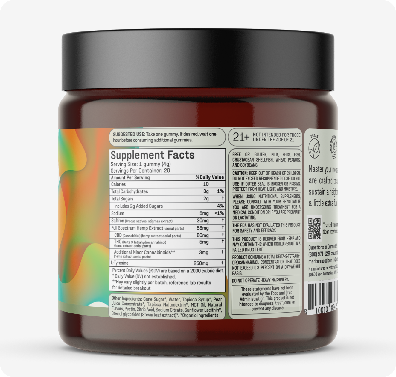 The Mother's Day Bundle by Medterra features a jar of CBD gummies with labeled supplement facts, dosage instructions, ingredients, and nutritional values. The side showcases a colorful design.