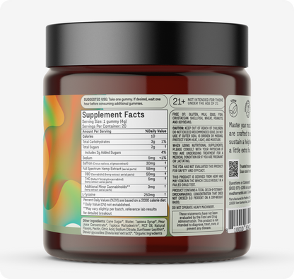 The Mother's Day Bundle by Medterra features a jar of CBD gummies with labeled supplement facts, dosage instructions, ingredients, and nutritional values. The side showcases a colorful design.