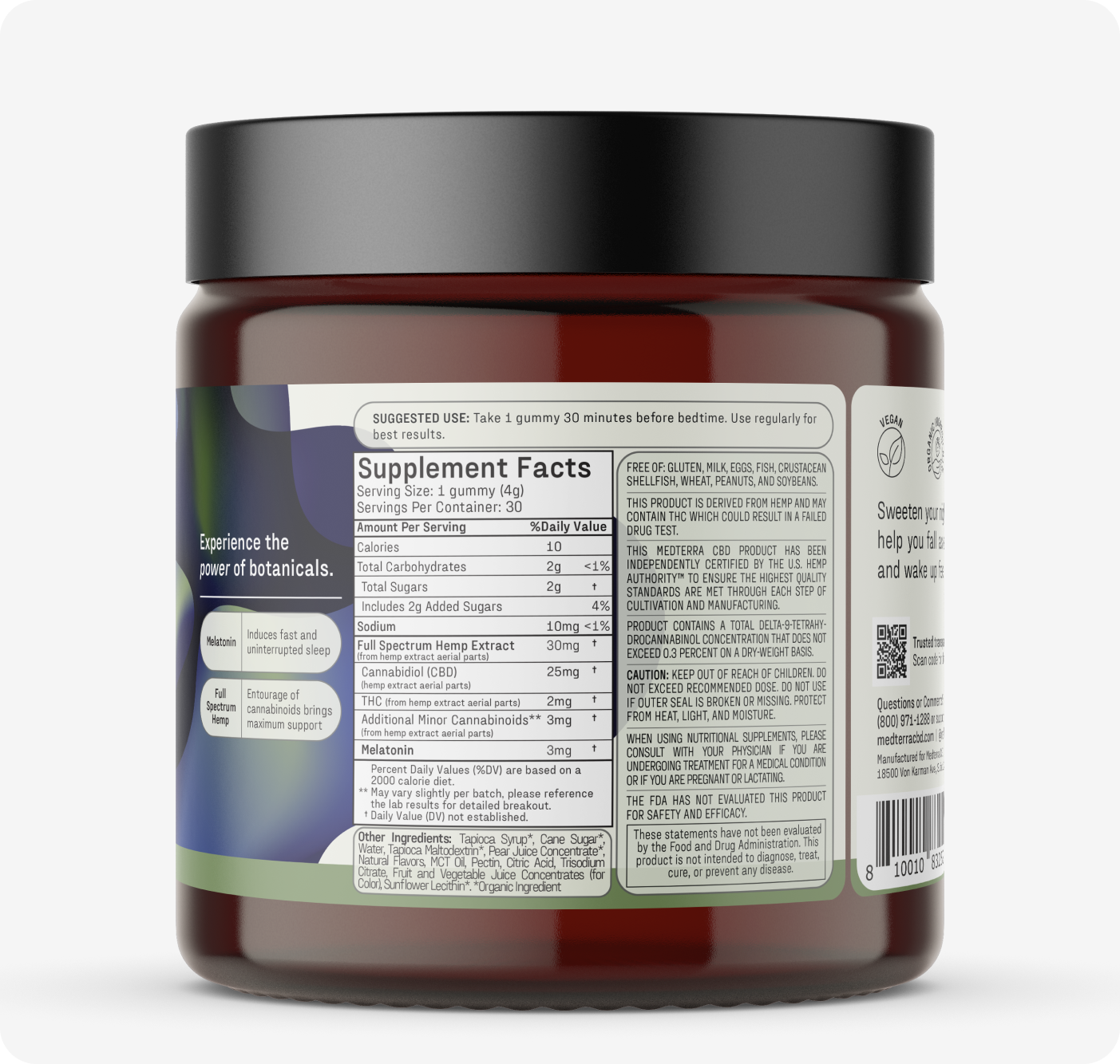 The Mother's Day Bundle by Medterra includes a brown jar of Deep Sleep Gummies featuring a supplement label with melatonin and hemp extract. The natural theme, adorned with botanical elements, suggests taking one gummy for a restful night.