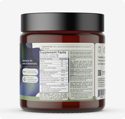 The Mother's Day Bundle by Medterra includes a brown jar of Deep Sleep Gummies featuring a supplement label with melatonin and hemp extract. The natural theme, adorned with botanical elements, suggests taking one gummy for a restful night.