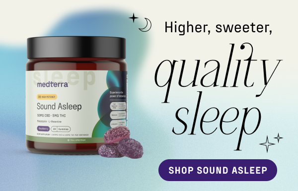 A brown jar labeled "medterra Sound Asleep" with 50 mg CBD and 5 mg THC gummies is shown. Next to the jar are purple gummies. Text to the right reads "Higher, sweeter, quality sleep." Enhance your daily wellness—try our CBD Capsules for restful nights. A purple button below this says, "Shop Sound Asleep.