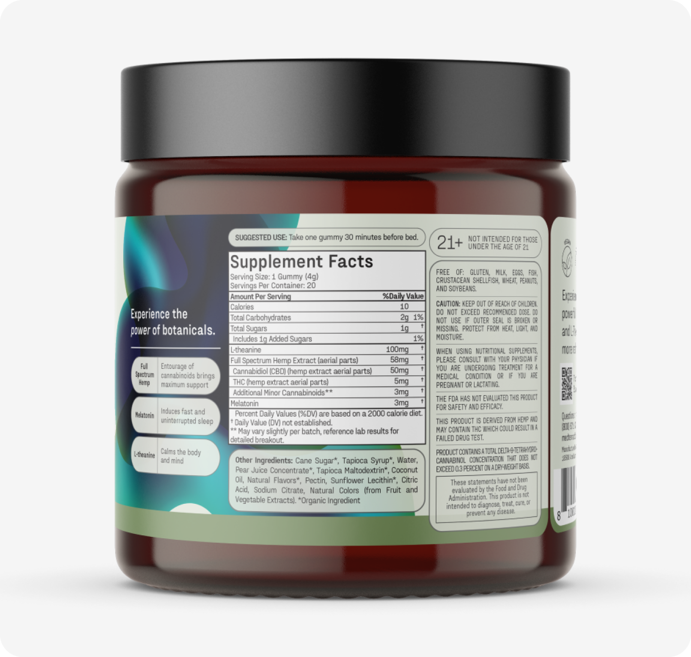 A jar from Medterra's Better Sleep Bundle with a black lid features supplement facts, serving size, and ingredients on its label, along with usage instructions and a note: "Experience the power of botanicals.