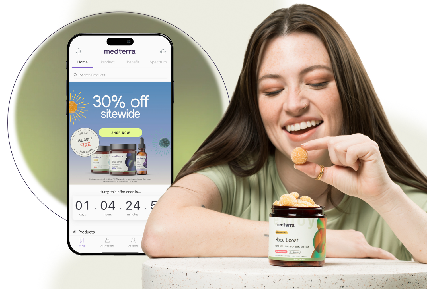 A woman with long brown hair is smiling and holding a gummy above a jar labeled "Mood Boost," made with pure ingredients. Behind her, a smartphone displays a website offering a 30% off sitewide sale for Medterra, which is renowned for its highest quality products grown and processed in the USA.