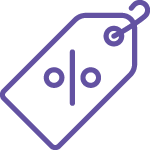 A purple outline of a price tag with a percentage symbol in the center. The tag has a hole at the top with a small loop, perfect for highlighting Medterra Subscribe &amp; Save benefits.