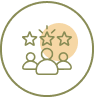 A round, green icon features three stylized people. Behind them are three stars, with one star enclosed in a beige circle and rays emanating from it, suggesting brilliance or high achievement. The icon is simple and line-drawn in green, much like the clarity found in high-quality CBD products.